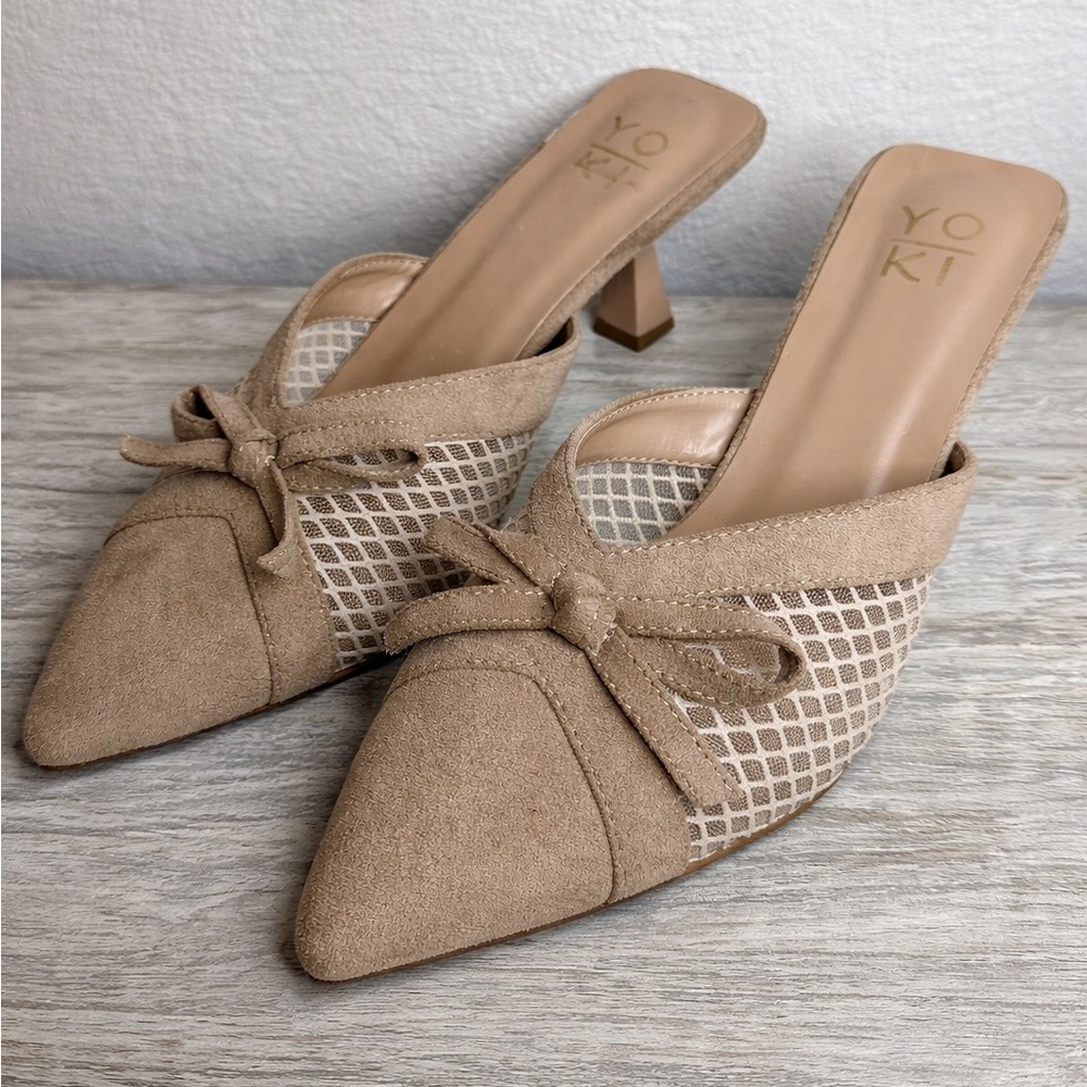 Yoki Tan Mesh Bow Accent Mules NWOB